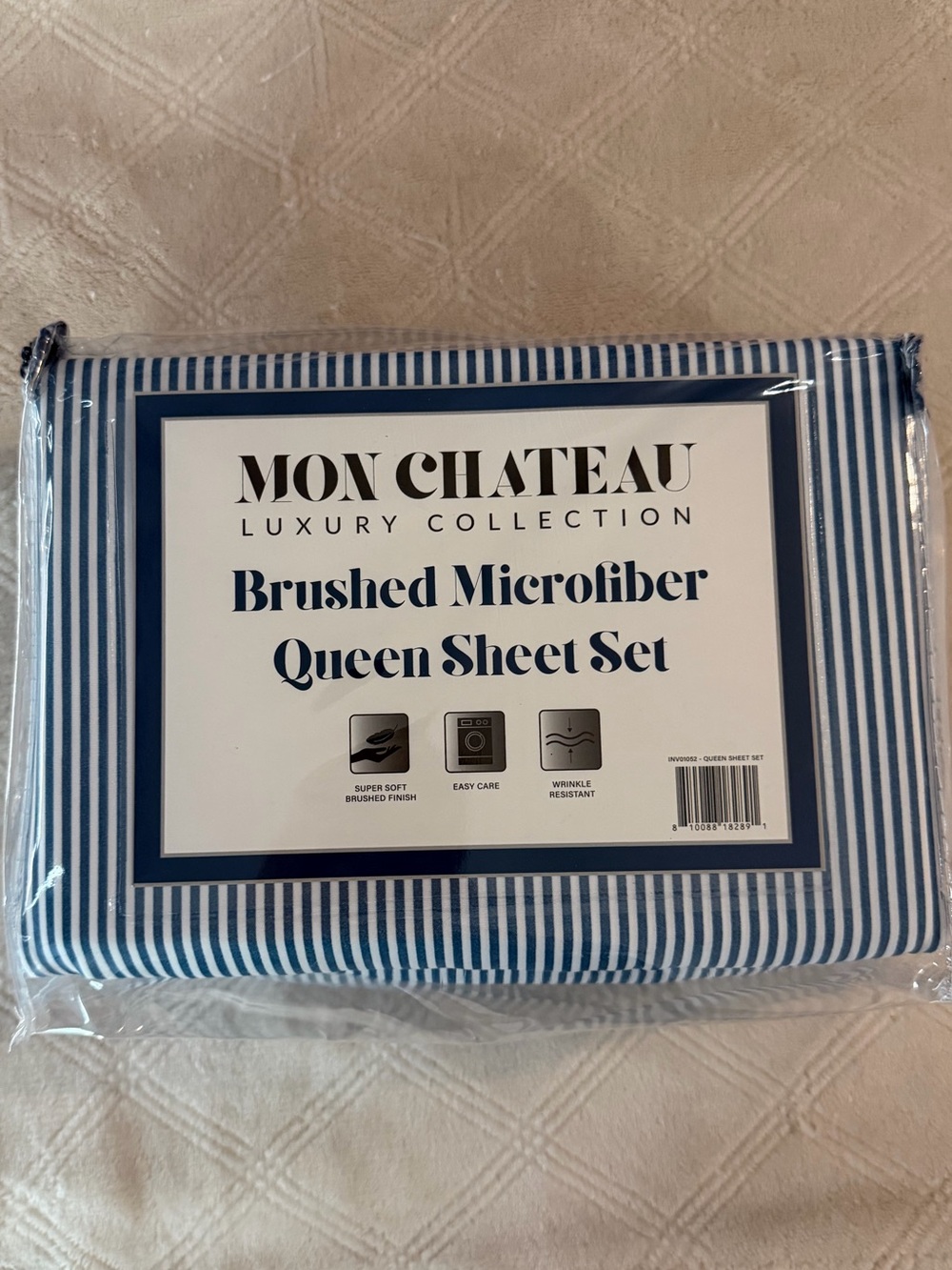 Brushed Microfiber Queen Sheet Set - Navy/White Stripe